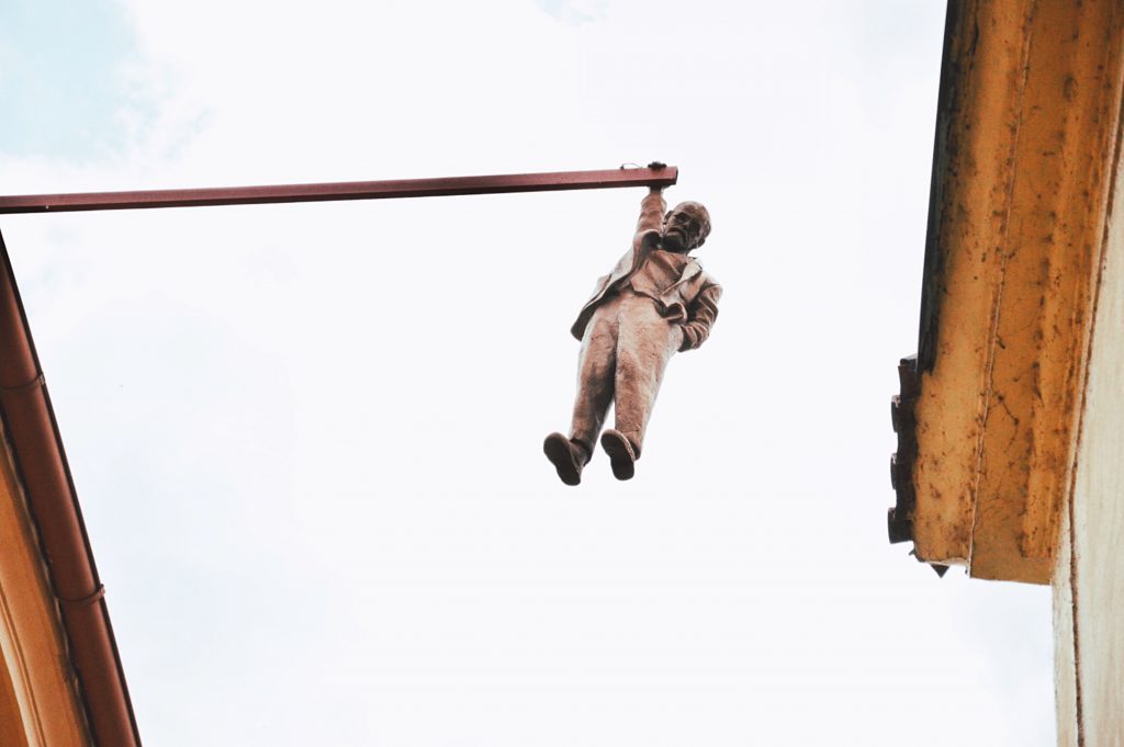 Sigmund Freud's hanging statue in Prague.