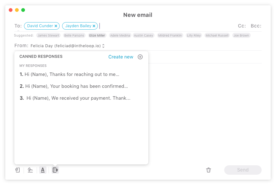 Canned response view within Loop Email.
